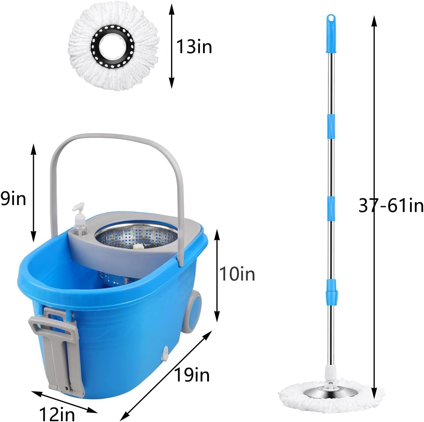 Spin Mop and Bucket with Wringer Set,for Floor Cleaning,with Floor Scrub Brush,61" Adjustable Handle and 6 Microfiber Mop Head(White)