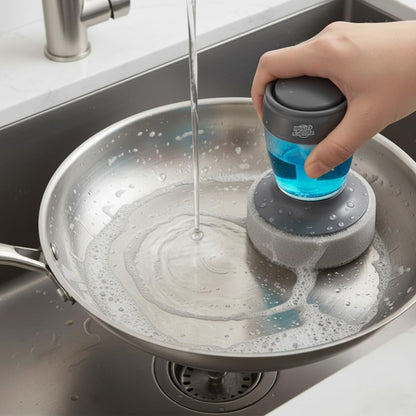 Stainless Steel & Hybrid Cookware Scrub & Polisher with Soap-Dispensing Handle, Dual-Layer DuoPad & Drydock Tray. Refillable, Ergonomic, Safe for All Hybrid and Stainless Steel cookware.