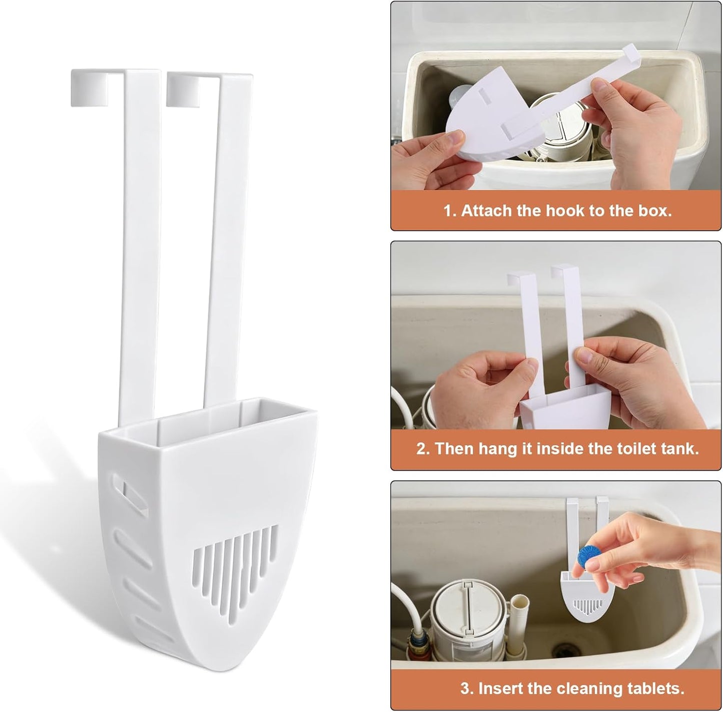Toilet Tank Cleaning Tablet Holder, 17.8x7.5cm/7.01x2.95in White Plastic Hanging Cleaning Tablet Caddy Brackets Fits Most Standard Toilet Tanks Easy to Install