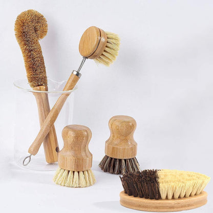 5 Pack Natural Bamboo Cleaning Brush Set, Pot Dish Scrub Brush with Handle and Flannel Bag Kitchen Brushes for Cast Iron Pots, Pans, Vegetable and Kitchen Cleaning