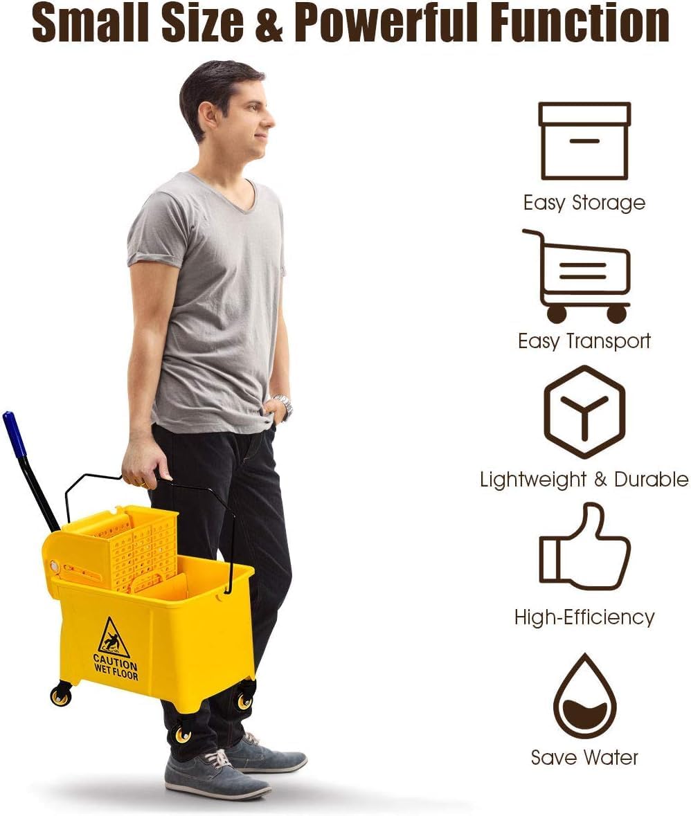Mop Bucket, Commercial Bucket for Mopping on Wheels with Potable Handle, Mop Bucket with Wringer for Home, Household, Office, Bathroom, Yellow (25 Quarts)