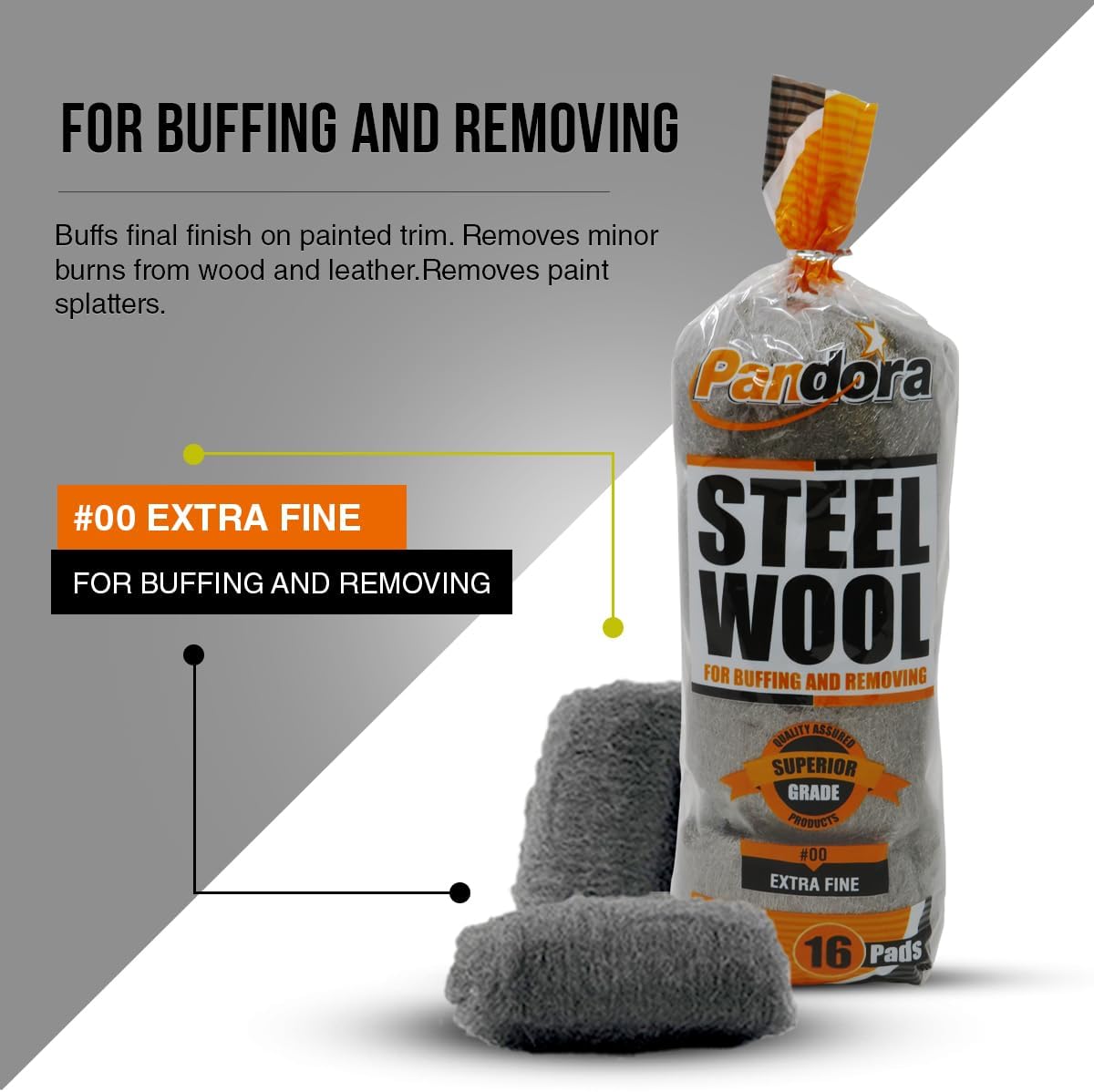 Pandora Steel Wool #2 – Coarse Grade, 16 Pads for Cleaning and Removing - Quality Metal Strands - Ideal to Remove Floor Scuff Marks and Old Wax