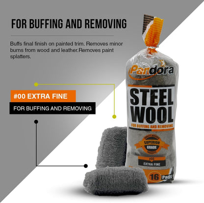 Pandora Steel Wool #2 – Coarse Grade, 16 Pads for Cleaning and Removing - Quality Metal Strands - Ideal to Remove Floor Scuff Marks and Old Wax