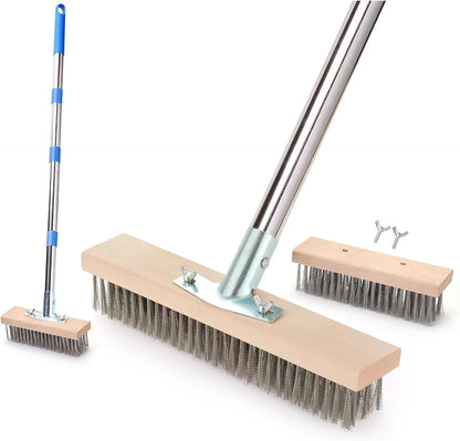 MAXMAN Stainless Steel Wire Scrub Brush with Long Handle, 63" Heavy Duty Large Wire Brush, Stiff Metal Bristle Floor Scrubber, Outdoor Patio Cleaning, Wire Broom for Deck, Concrete, Moss Removal