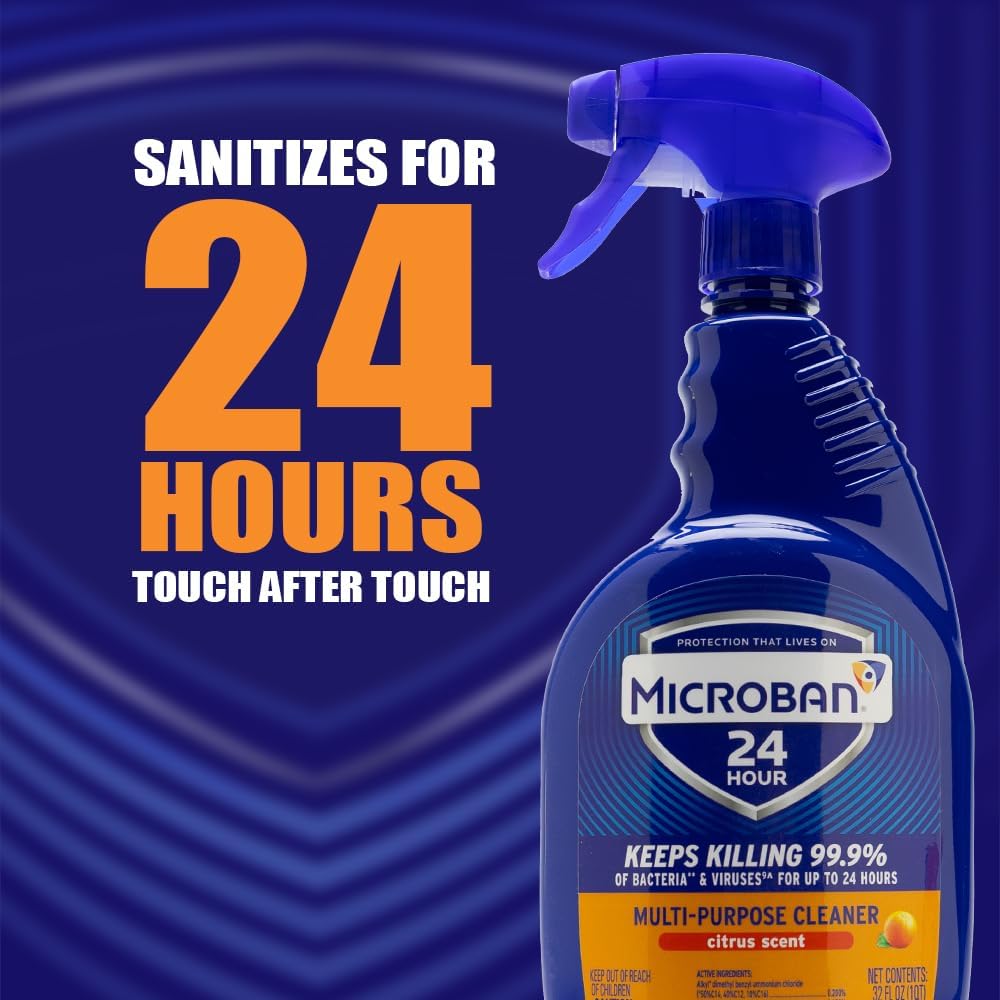 MICROBAN Multi-Purpose Cleaner, 32 oz., 2 Pack, Citrus, Penetrates Soap Scum, Greasy Soils and Reduces Odors, Keeps Killing 99.9% of Bacteria and Viruses for up to 24 Hours