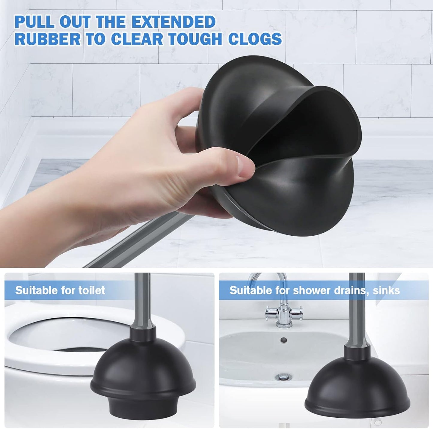 Toilet Plunger and Brush, Bowl Brush and Heavy Duty Toilet Plunger Set with Ventilated Holder, 2-in-1 Bathroom Cleaning Combo with Modern Caddy Stand for 5.7-inch Toilet Drain(Black, 2 Set)