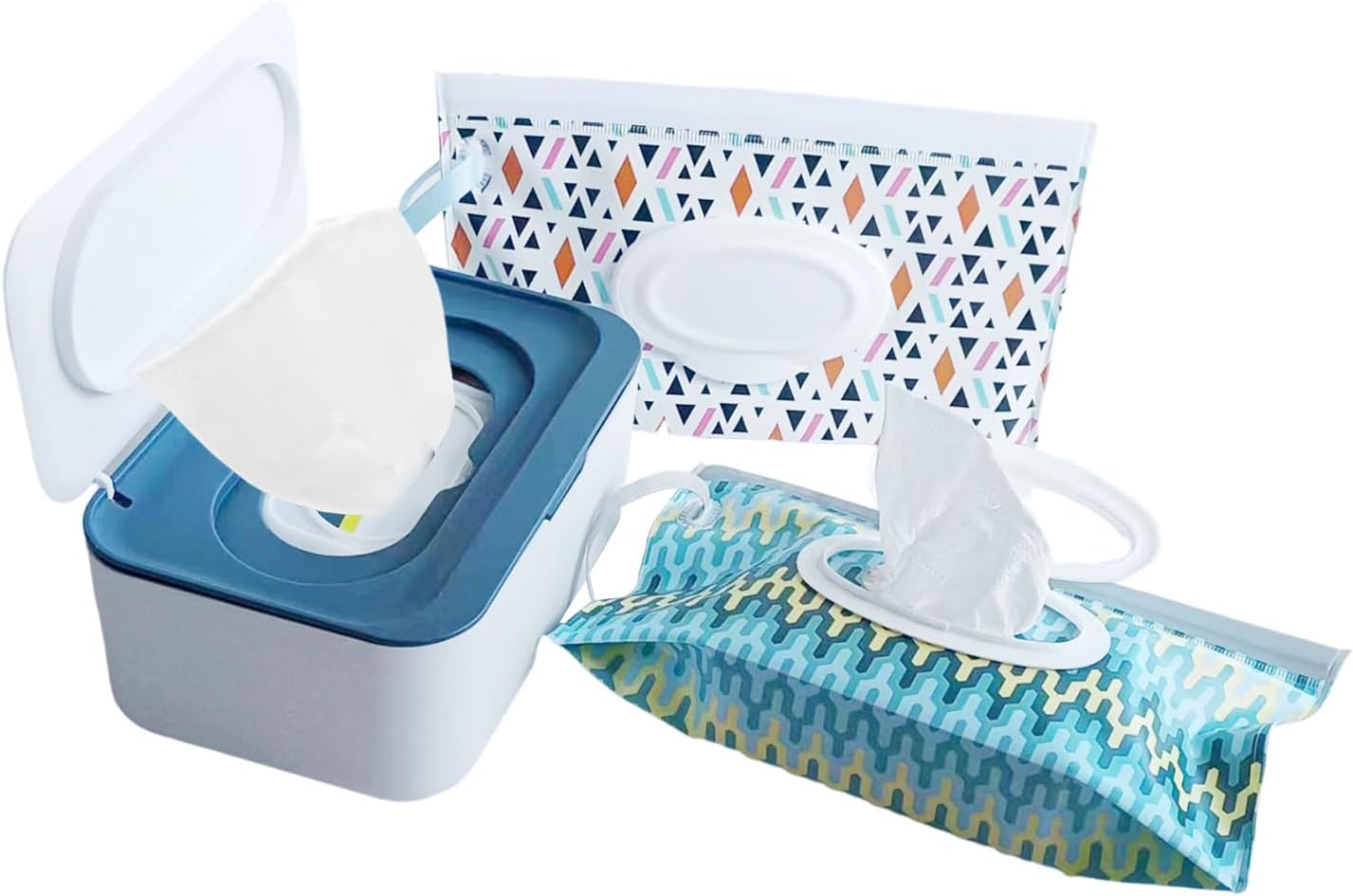 Wipe Dispenser White,Reusable Flushable Wipe Holder Set with 2Pcs Refillable Portable Wipe Bag for Baby Adult Bathroom,Wipe Container with Lids Keeps Wipes Fresh,Baby Shower New Mom Gifts
