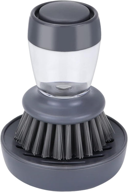 DAPOWER Dish Brush with Soap Dispenser, Kitchen Scrub Brush for Dishes Pots Pans Sink Cleaning, Dish Scrubber with Holder Set (Grey 2-Pack Combo Set)