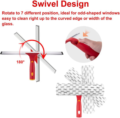 Window Washing Kit with Extension Pole, 10" Squeegee & 11" Microfiber Scrubber Combi with Stainless Steel Pole, Window Cleaner for Car, Sliding Door,Shower Glass Door-Swivel Style-2 Pads