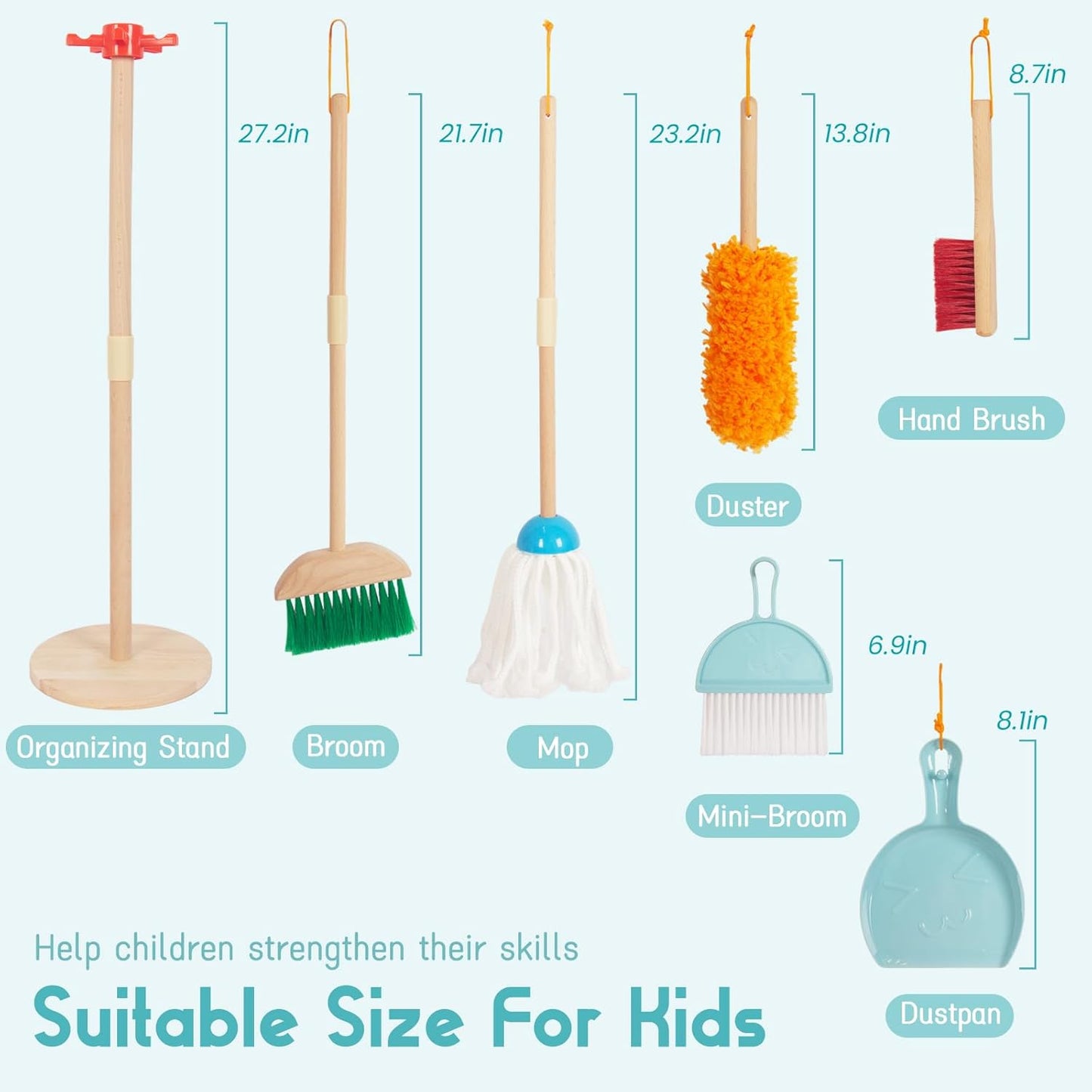 Kids Cleaning Set, Housekeeping Play Set Includes Broom Mop Duster Dustpan Brushes Rag and Organizing Stand, Cleaning Toys Gift for Toddlers Girls Boys Age 3-6, Solid Beech Wood (Blue)