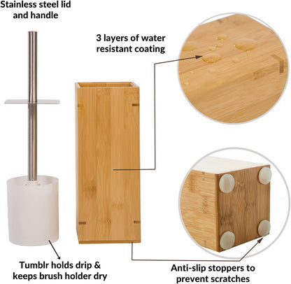 GOBAM Bamboo Toilet Bowl Cleaner with Holder for All Toilet Types - Hidden Stainless Steel Toilet Brush - Bathroom Cleaning Brushes - Toilet Accessories - Natural