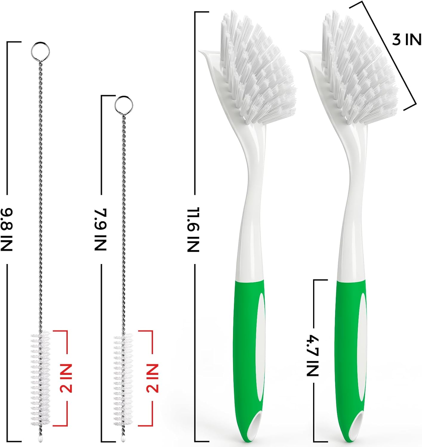 Holikme 4 Pack Dish Brush with Handle Set - 2 Pack Kitchen Dish Brush with Handle, 2 Straw Brushes, Deep Cleaning Dish Brush for Kitchen Sink Dishes, Pot and Pans, Green