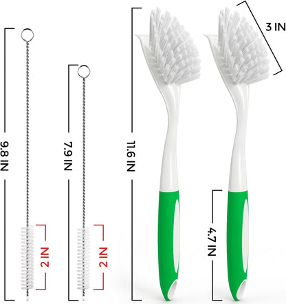 Holikme 4 Pack Dish Brush with Handle Set - 2 Pack Kitchen Dish Brush with Handle, 2 Straw Brushes, Deep Cleaning Dish Brush for Kitchen Sink Dishes, Pot and Pans, Green