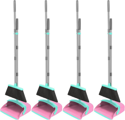 NACENA Broom and Dustpan Set, 52-in Long Adjustable Handle Broom Dustpan Combo with Dustpan Teeth to Automatically Clean Hair Suitable for Home Kitchen Office Hall Floor（Black&Red）