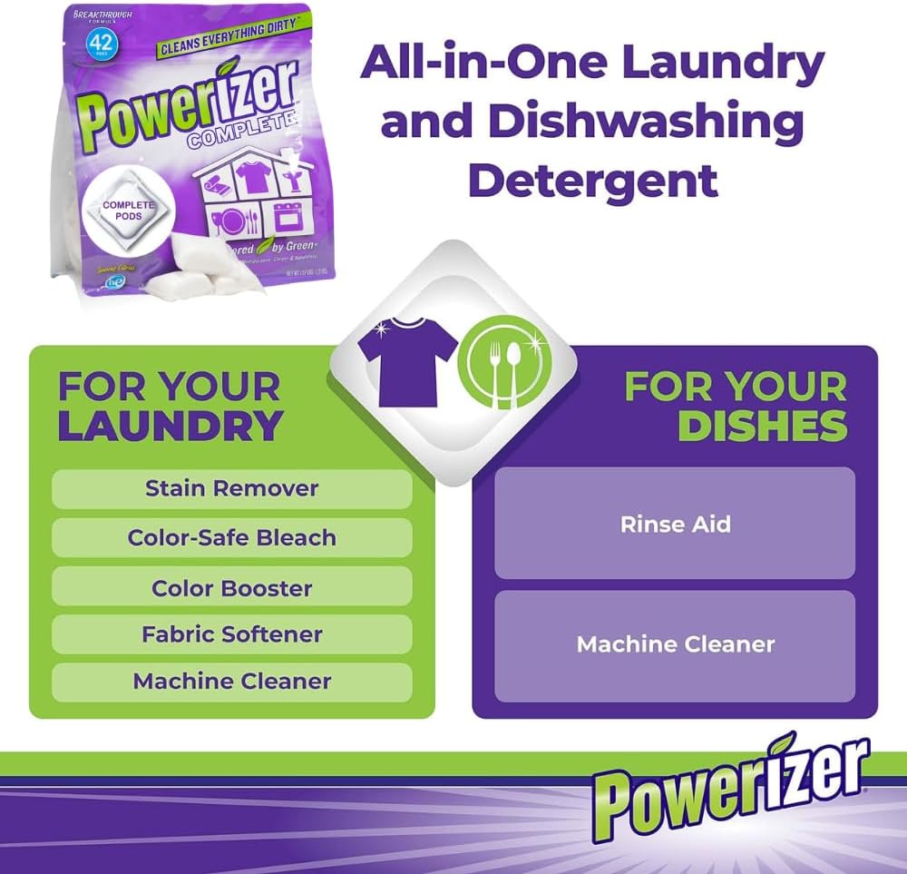 Powerizer Complete Multipurpose Cleaning Pods - Plant and Mineral Based Concentrated Laundry & Dishwasher Detergent | 42 Count | All-in-One Cleaning Solution