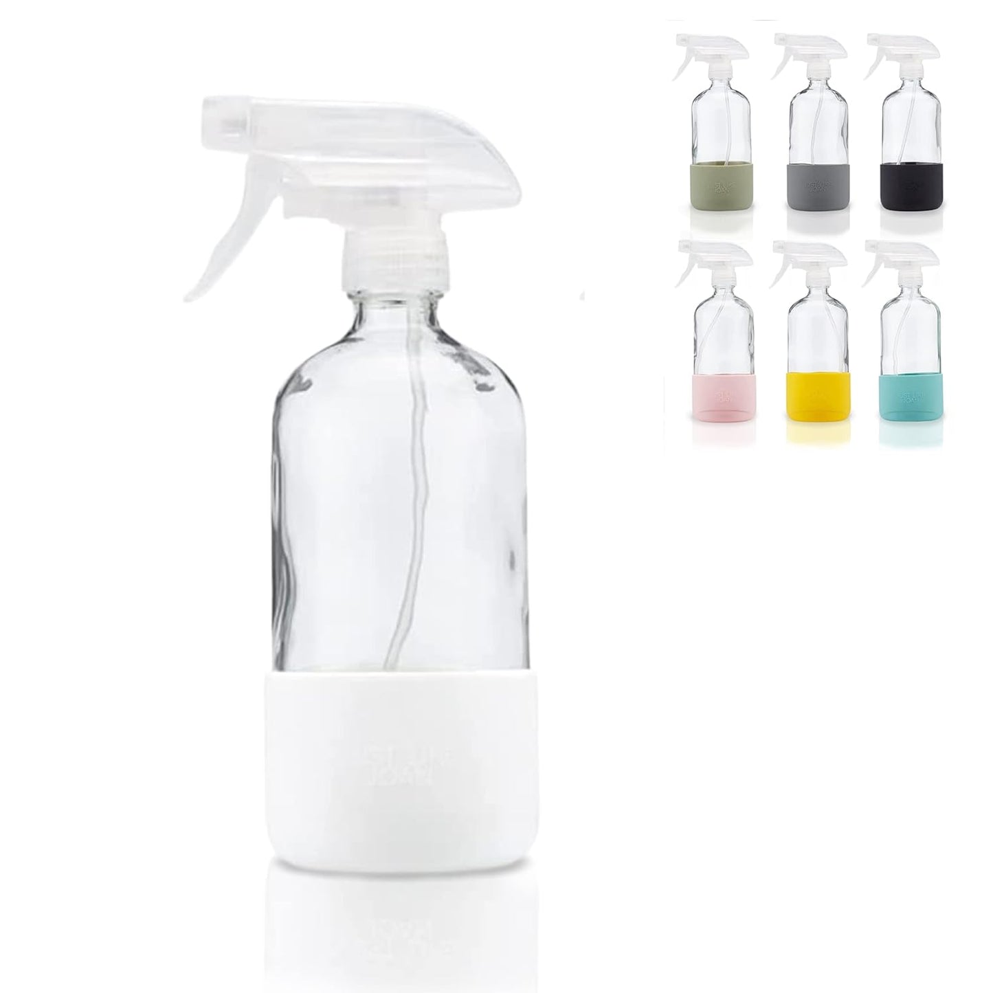 Clear Glass Spray Bottle with Silicone Sleeve for Cleaning Solutions, Essential Oils, Plants, Vinegar - 16 oz, Refillable, Food Safe (2-PACK: Rich Black & Ocean Turquoise)
