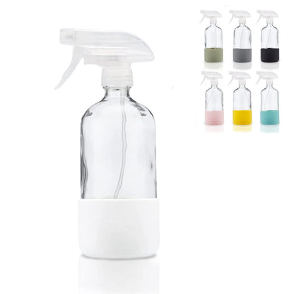 Clear Glass Spray Bottle with Silicone Sleeve for Cleaning Solutions, Essential Oils, Plants, Vinegar - 16 oz, Refillable, Food Safe (2-PACK: Rich Black & Ocean Turquoise)