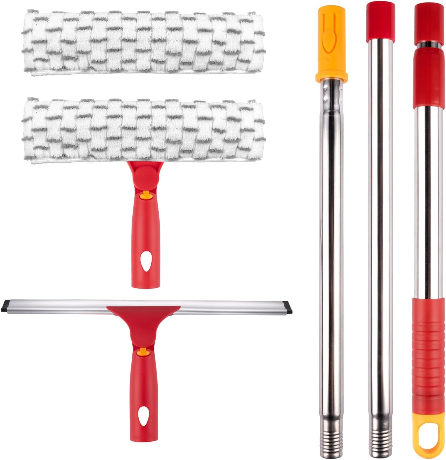 Window Washing Kit with Extension Pole, 10" Squeegee & 11" Microfiber Scrubber Combi with Stainless Steel Pole, Window Cleaner for Car, Sliding Door,Shower Glass Door-Swivel Style-2 Pads