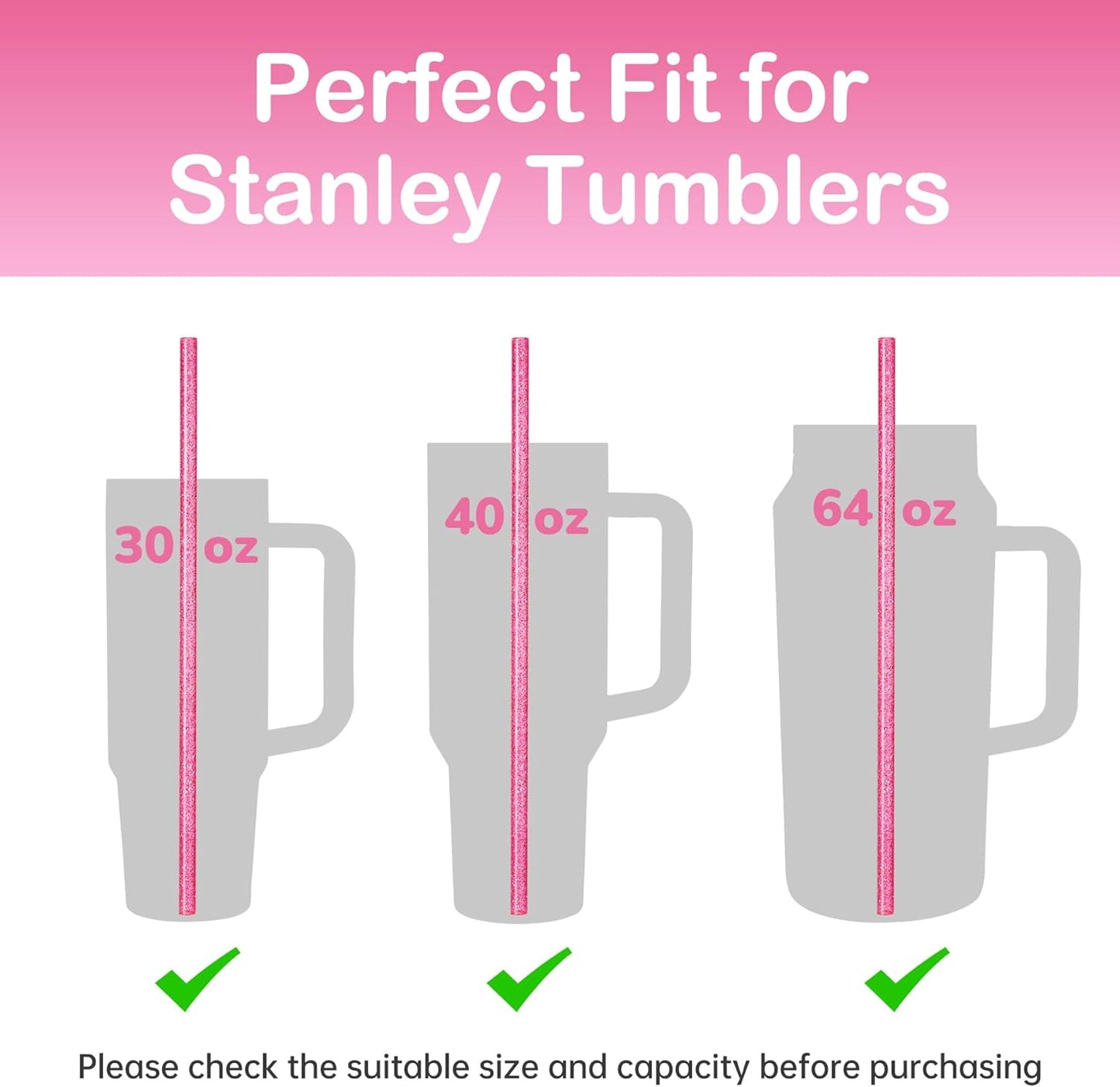 NiHome 12-Pack Glitter Replacement Straws for Stanley Tumbler 40OZ & 2 Cleaning Brushes Set, 12" Length BPA-Free Durable PETG Material for Various Beverages & Cups, Adds Sparkle to Your Drinks (Clear)