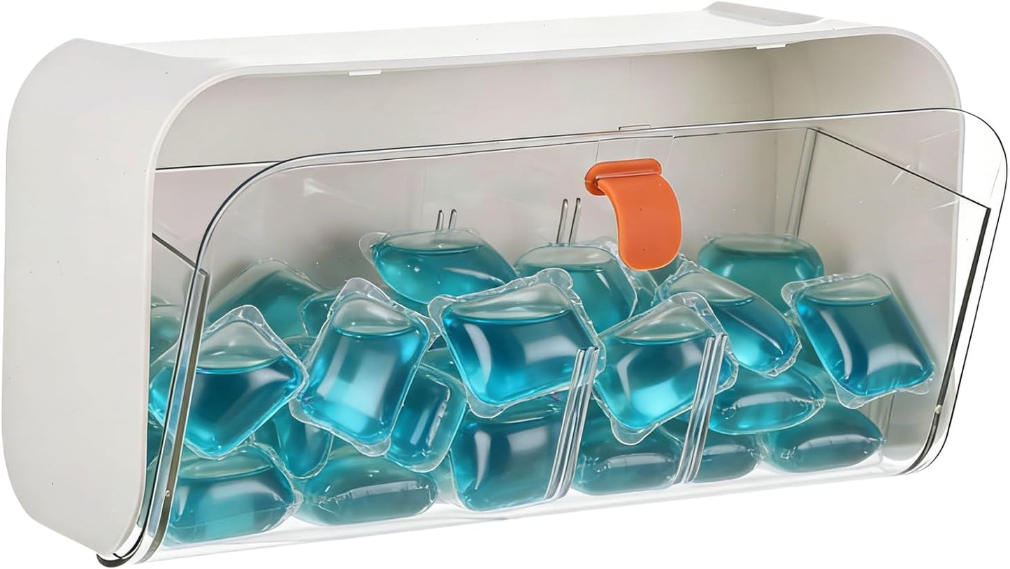 Dishwasher Detergent Pods Holder Wall-Mounted Clear Laundry Pods Container with Divider for Scent Booster Beads Dryer Balls Hanging Storage Container for Detergent Home Kitchen and Laundry Room