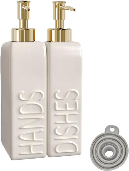 Soap Dispenser Set with Stainless Steel Pump, 2 Pack Ceramic Refillable Dish Soap and Hand Soap Dispenser for Kitchen, Bathroom, Matte White