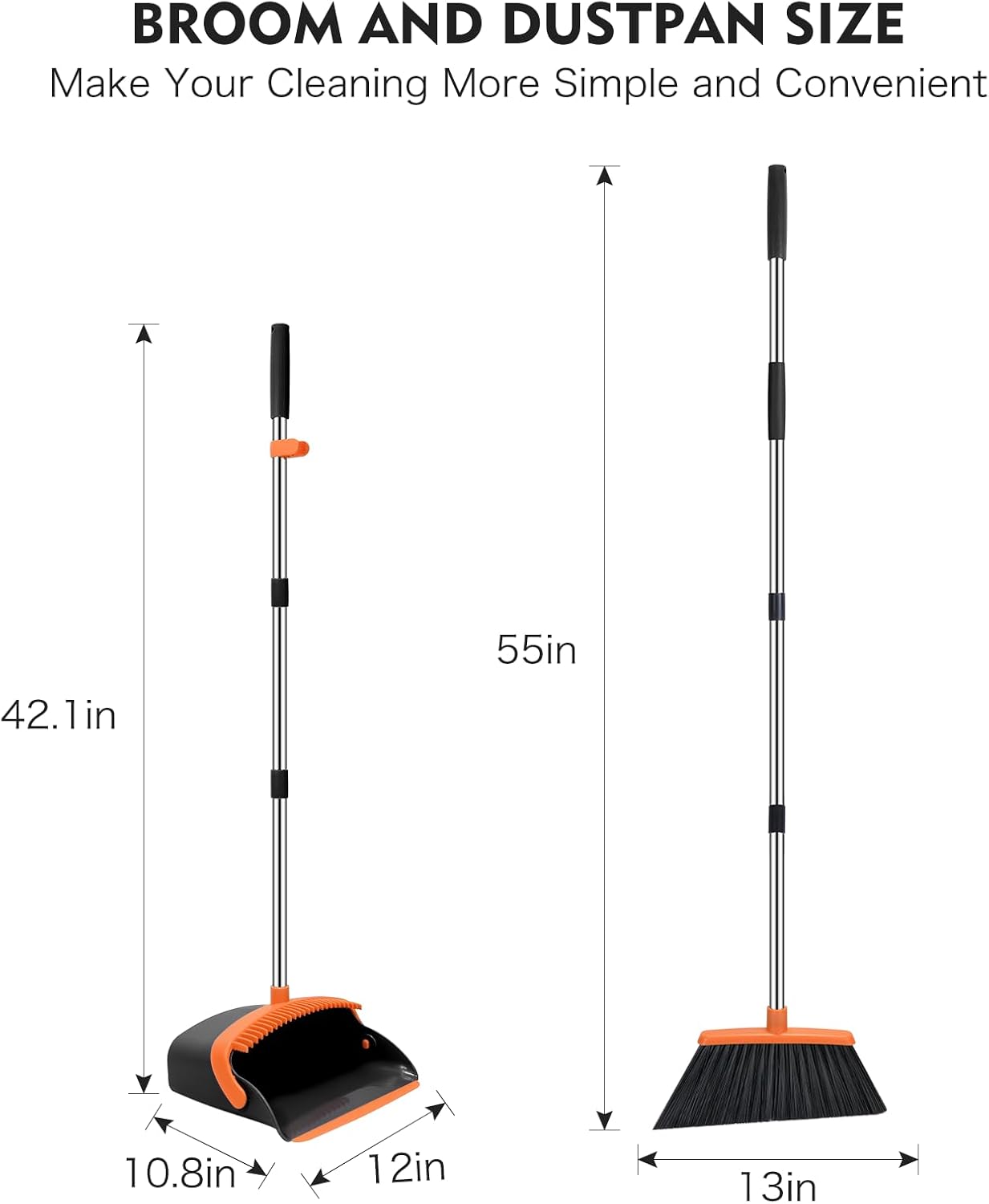 Broom and Dustpan Set for Home, 51-in Long Adjustable Handle Angle Broom and Dustpan Combo Set with Dust Pan Teeth to Clean Hair for Home Kitchen Office Lobby Floor Garden (Black&White)