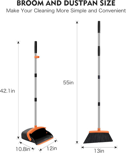 Broom and Dustpan Set for Home, 51-in Long Adjustable Handle Angle Broom and Dustpan Combo Set with Dust Pan Teeth to Clean Hair for Home Kitchen Office Lobby Floor Garden (Black&White)