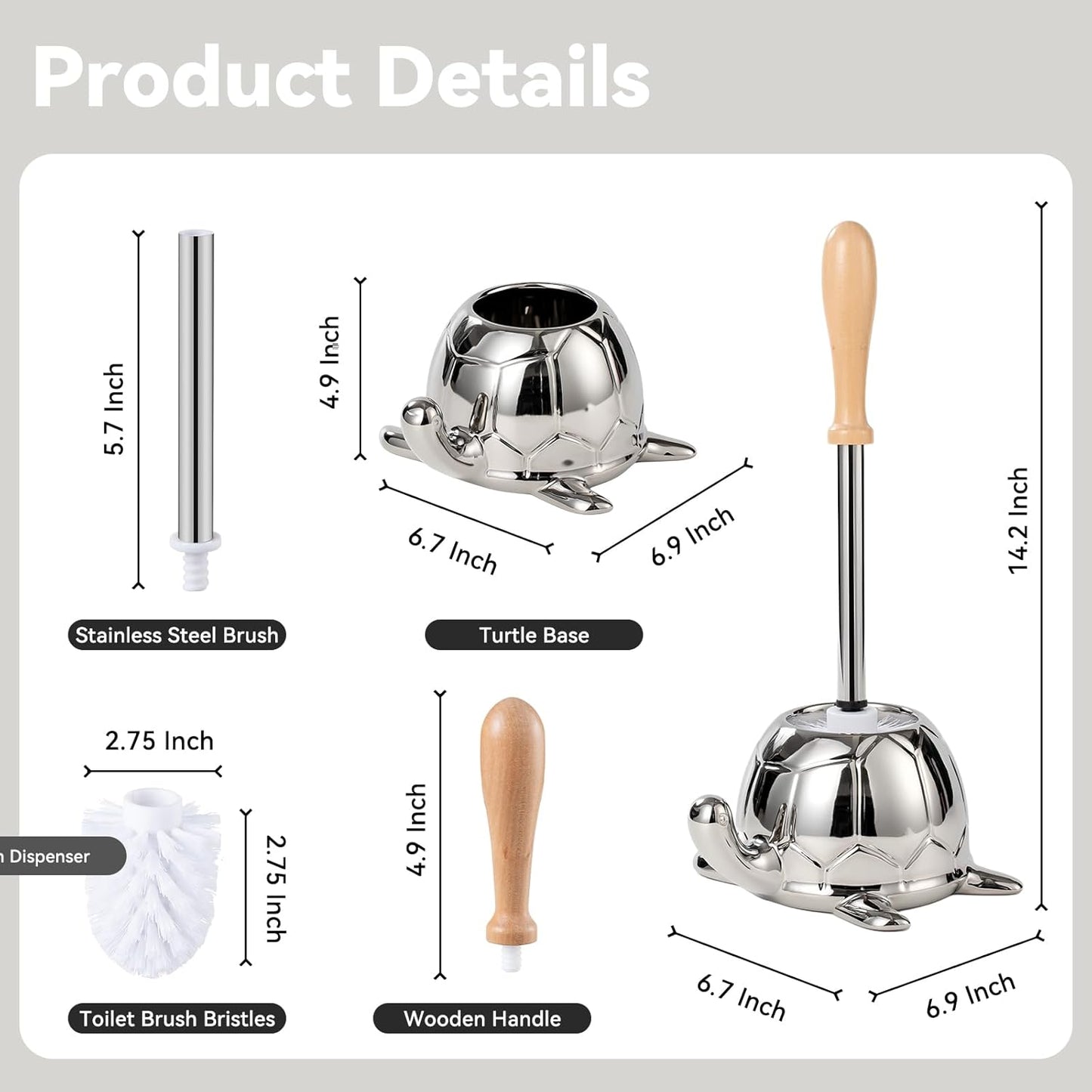 Turtle Base Toilet Brush Set - Gold Ceramic Toilet Scrubber Brush 7.5” Bowl Cleaner with Ergonomic Handle, Mini Cute Bathroom Cleaning Brush - Bathroom Decor