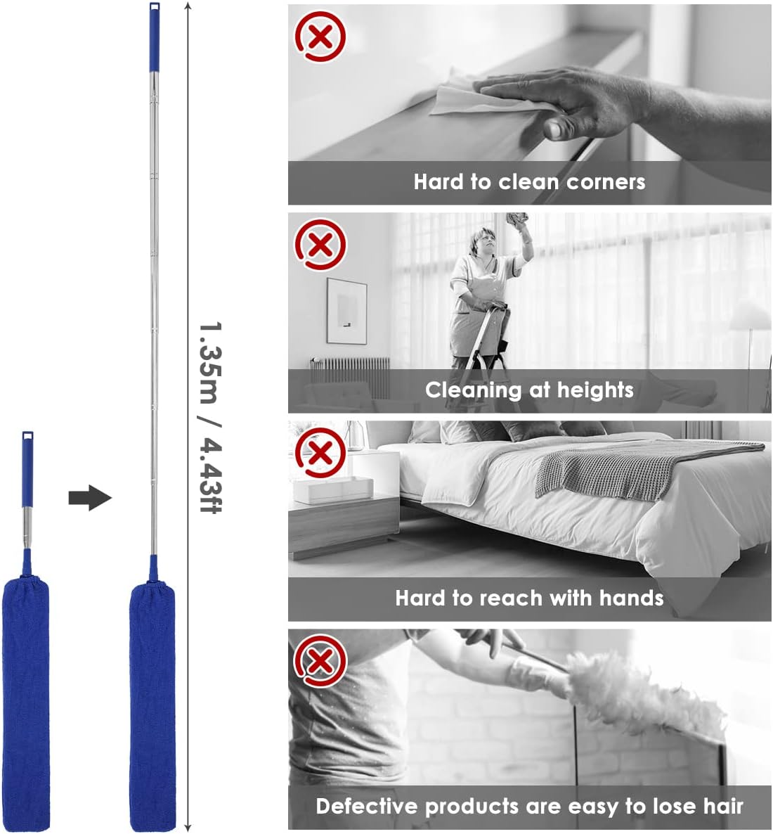 Gap Dust Cleaner Retractable Microfiber Gap Dust Brush Flexible Long Flat Gap Duster with Extendable Pole and Cloth Cover for Sofa Bed Furniture Bottom Ceiling Fan Blinds(Grey)