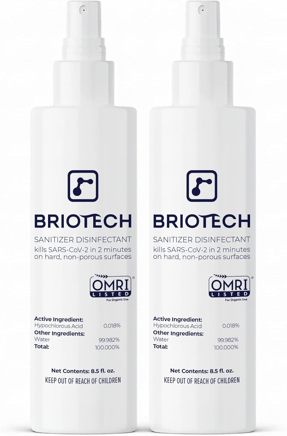 BRIOTECH Sanitizer Disinfectant Hypochlorous Spray, Kill 99.99% of Viruses & Bacteria, Control Mold, Eliminate Odor, Gentle for Nursery & Play Rooms, Food Contact Surface Sanitizer, 8.5 fl oz (2 Pack)