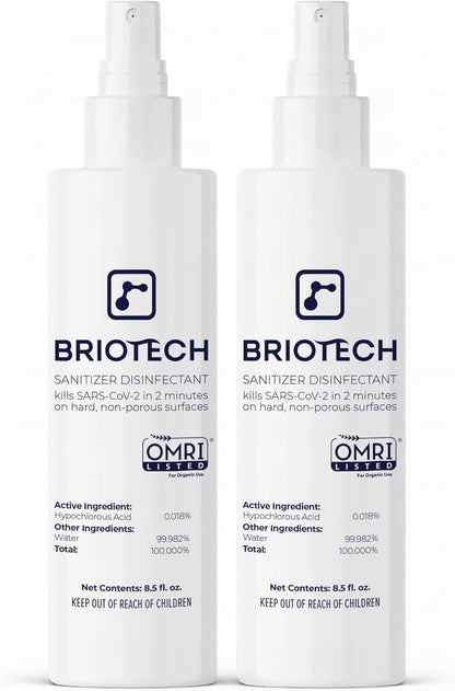 BRIOTECH Sanitizer Disinfectant Hypochlorous Spray, Kill 99.99% of Viruses & Bacteria, Control Mold, Eliminate Odor, Gentle for Nursery & Play Rooms, Food Contact Surface Sanitizer, 8.5 fl oz (2 Pack)
