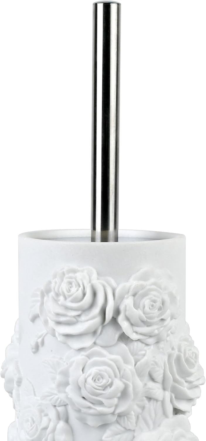 White Floral Branches Design Resin Toilet Bowl Brush and Holder Set, Elegant Bathroom Cleaning Tool with Durable Bristles, Compact and Functional