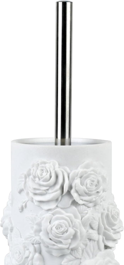 White Floral Branches Design Resin Toilet Bowl Brush and Holder Set, Elegant Bathroom Cleaning Tool with Durable Bristles, Compact and Functional