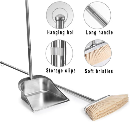 VOOWO Heavy Duty Broom and Dust pan Set, Stainless Steel Broom and Dustpan Set with Long Handle, Broom with Dustpan Set for Home Standing Dust Pan Indoor Outdoor Brooms Dustpan