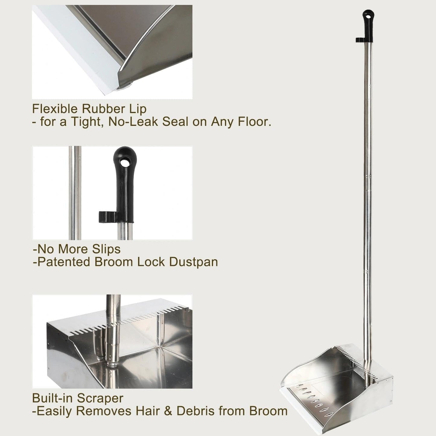Metal Dustpan with Broom Set, Long Handle Stainless Steel Dustpan,Heavy Duty Standing Dust Pan with Teeth, Indoor Outdoor Up for Home Kitchen Lobby Room Office