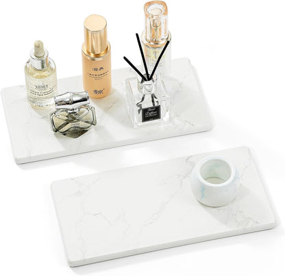 2PCS Water Absorbing Stone Drying Tray for Kitchen Counter & Bathroom Sink, Diatomite Faucet Splash Guard, Soap Dispenser Rack & Sponge Holder Caddy Organizer, Marble White (Printed Pattern), 9"x 3.5"