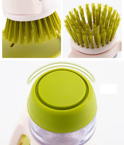 Dish Brush with Soap Dispenser, Dishwashing Kitchen Scrub Brushes Dish Scrubber with Holder Drip Tray, for Cleaning Pan, Pot, Sink(Grey)