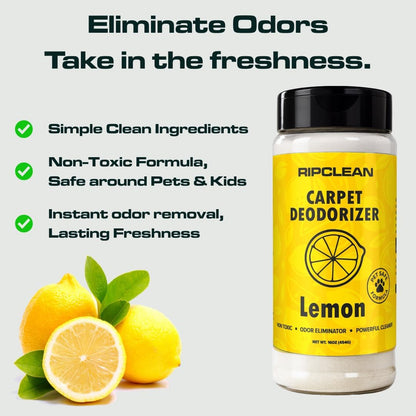 Ripclean Carpet Deodorizer & Freshener Cleaning Powder, Odor Eliminator for Strong Odors & Homes w/Pets, Safe around Kids & Pets, Use on Carpet, Rugs, Upholstery & More (16 Ounce, Lemon)