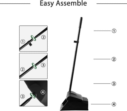 Eyliden Commercial Angle Broom and Dustpan Combo, with Long Handle and Lid, Lobby Dust Pan Sweep Set for Outdoor Garages Courtyard Sidewalks Decks Indoor Home Kitchen Room Office (Black Broom+Dustpan)
