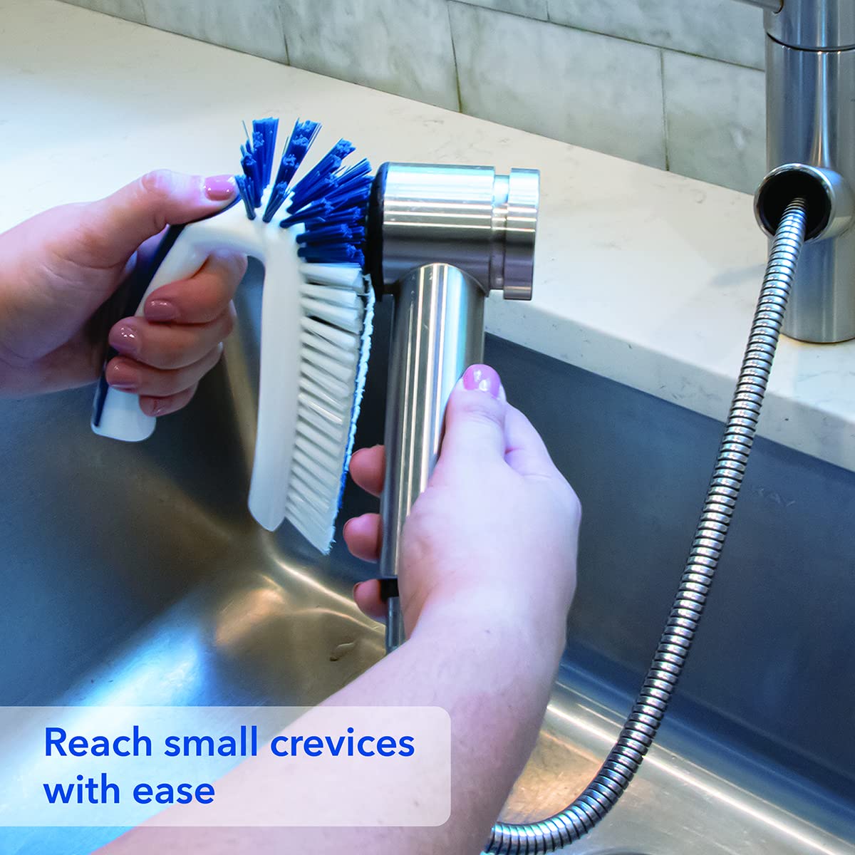 Unger Sink and Dish Scrub Brush, Kitchen Washing Scrubber for Hard-to-Reach Corners, Small Cleaning Supplies, Non-Scratch Bristles, Glassware, Pots, Pans, Tumblers, Drains, and Disposals