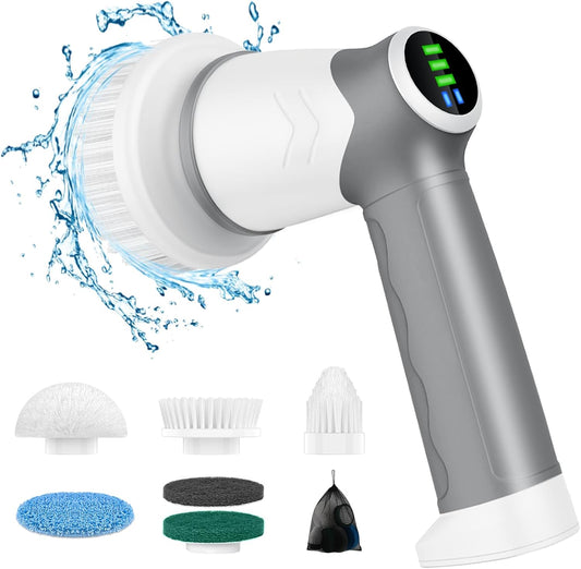 DAESUNG Electric Spin Scrubber, Cordless Power Scrubber & Electric Cleaning Brush with 7 Replaceable Heads, Dual Speed IPX7 Waterproof Handheld Scrubber for Bathroom, Shower & Tile Cleaning
