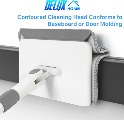 Baseboard Cleaner Tool with Handle, DELUX Baseboard Cleaner with Extendable Long Handle, 4 Reusable Cleaning Pads Wall Cleaner for Baseboards Cleaning, Ceiling, Wall, Floor, Shower Bathroom Kitchen