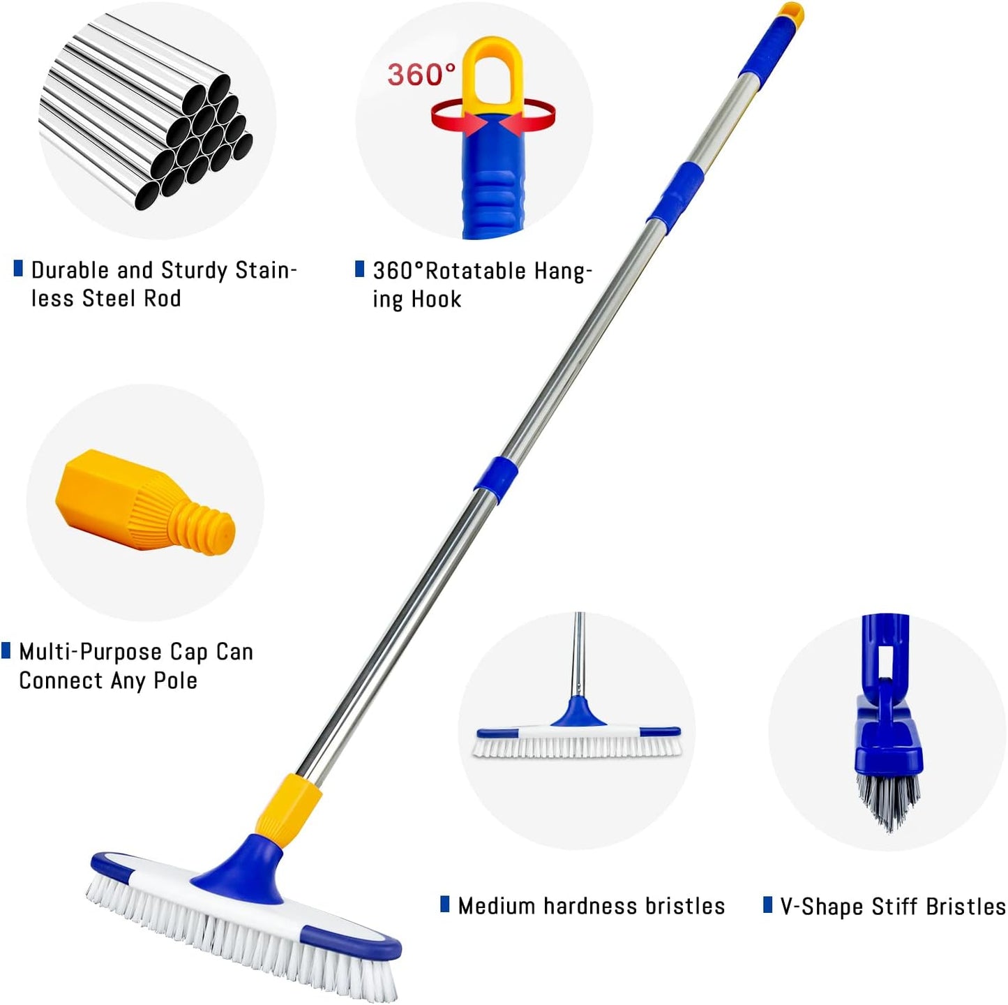 ITTAR Grout Brush with Long Adjustable Handle, Swivel Scrub Brush, V-Shape Grout Line Scrubber with Stiff Bristle for Deep Cleaning Tile Grout, Shower, Kitchen, Hard-to-Reach Corners