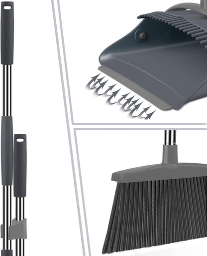 Ivandar Broom and Dustpan Set for Home, Broom and Dustpan Combo for Office, Long Handle Broom with Upright Standing Dust pan,Indoor&Outdoor Sweeping (Gray&Orange)