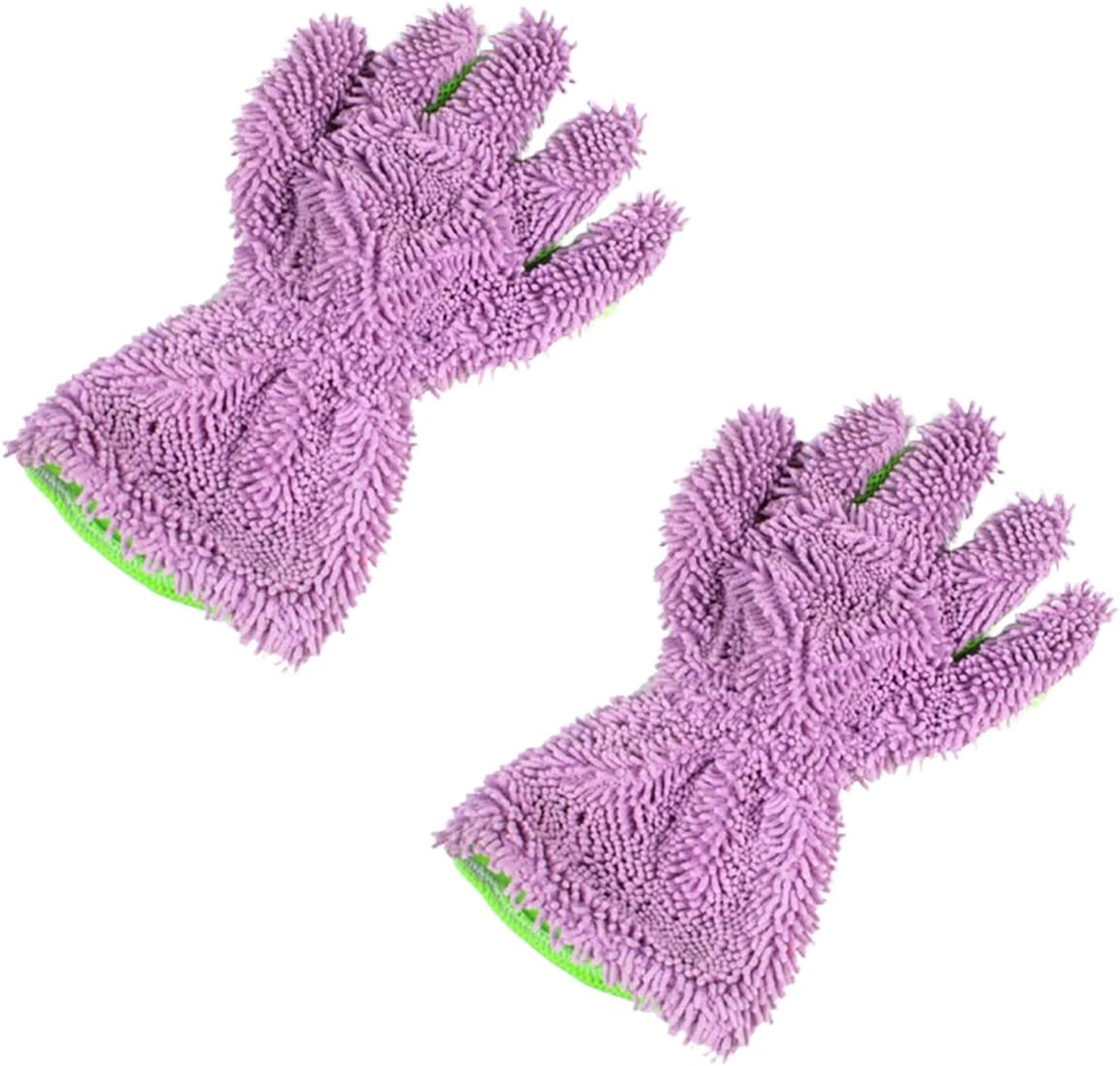 2PCS Car Wash Mitts, Double Sided Chenille Microfiber Dusting Gloves with 5-Finger Design, Anti-Scratch Auto Interior Exterior Detailing Mitt for Cleaning Wheel Tight Spot (Purple)