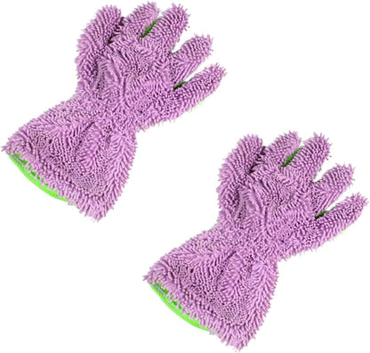 2PCS Car Wash Mitts, Double Sided Chenille Microfiber Dusting Gloves with 5-Finger Design, Anti-Scratch Auto Interior Exterior Detailing Mitt for Cleaning Wheel Tight Spot (Purple)