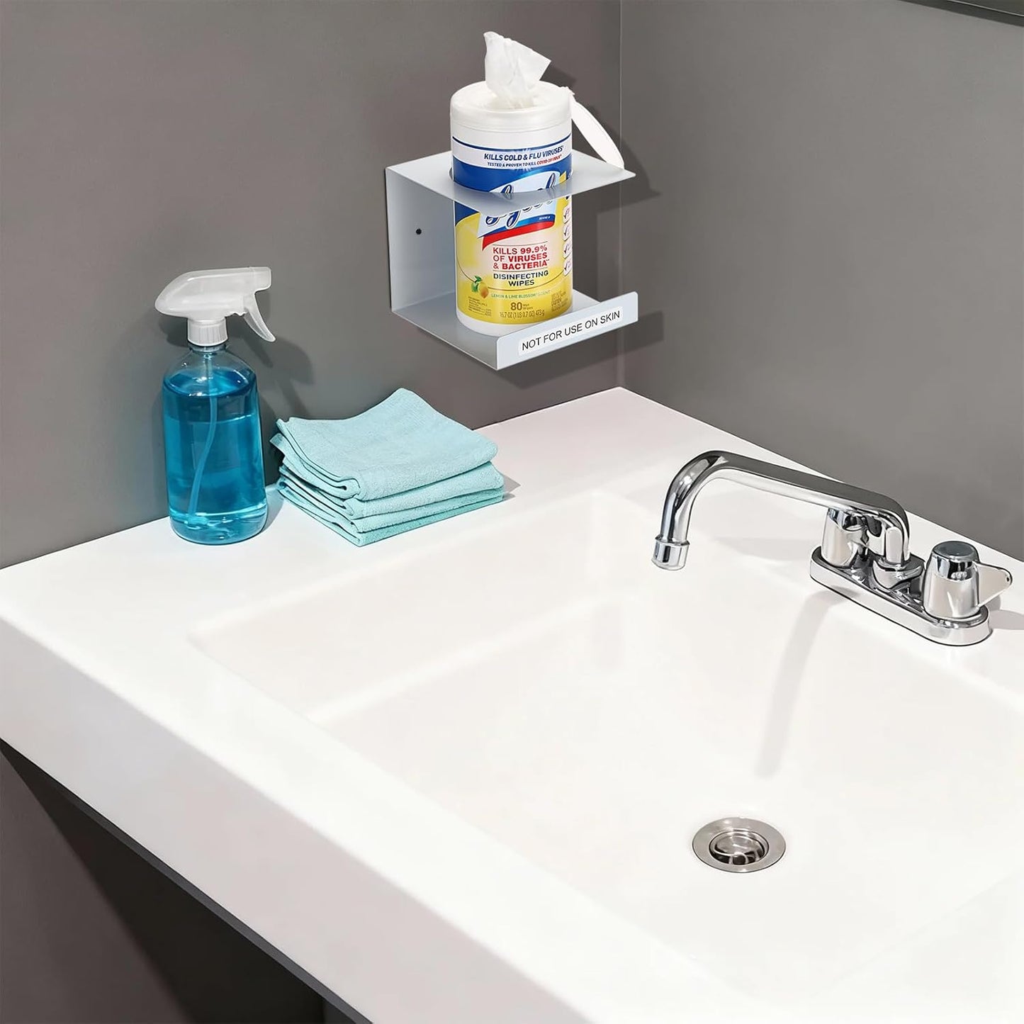 KoKone Wall Mount Wipes Dispenser Compatible for Clorox Lysol - Metal Wipe Canister Holder Cleaning Wipe Holder Container - White Wall Wipes Dispenser Keeper for Kitchen Bathroom Public Restroom