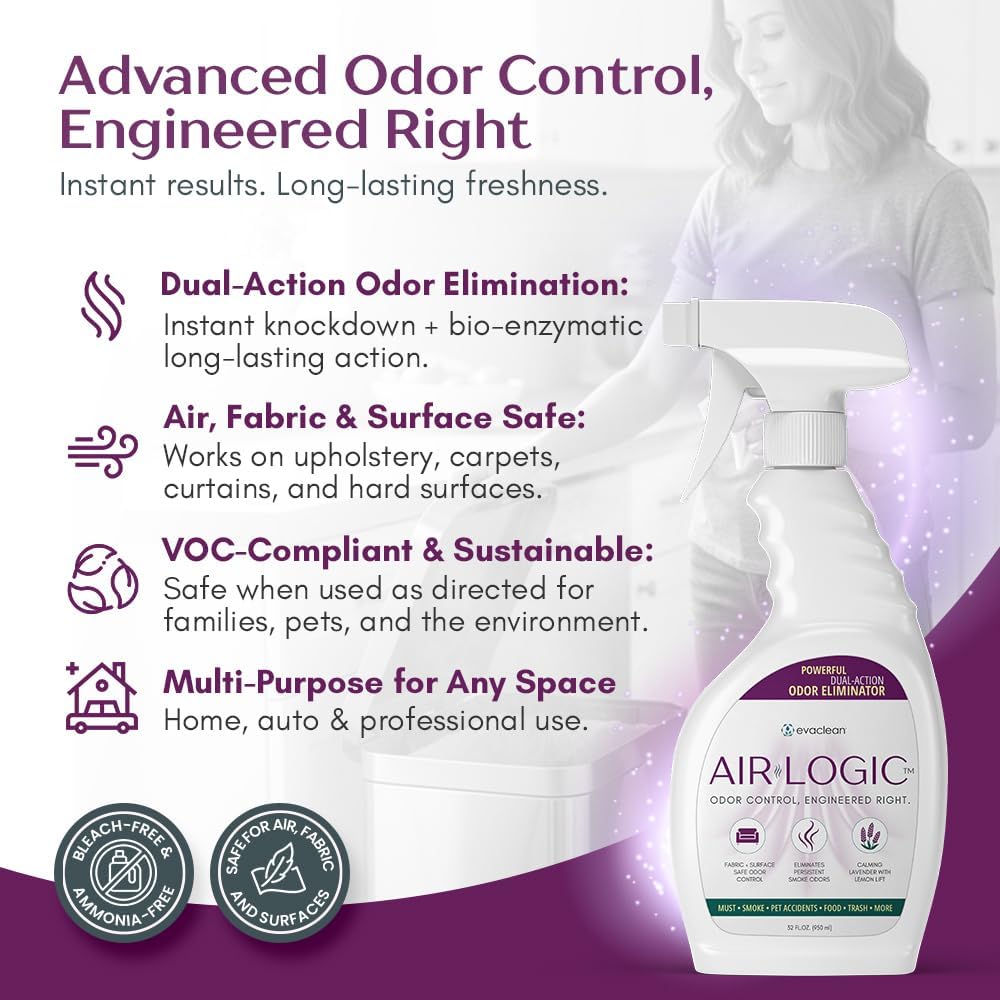 Dual-Action Odor Eliminator Spray 32 Fl Oz, Plant-Based Instant Knockdown & Enzymatic Deodorizer for Home, Neutralizes 16 Odor Sources, Bleach-Free, Fabric & Surface Safe, Lavender Lemon