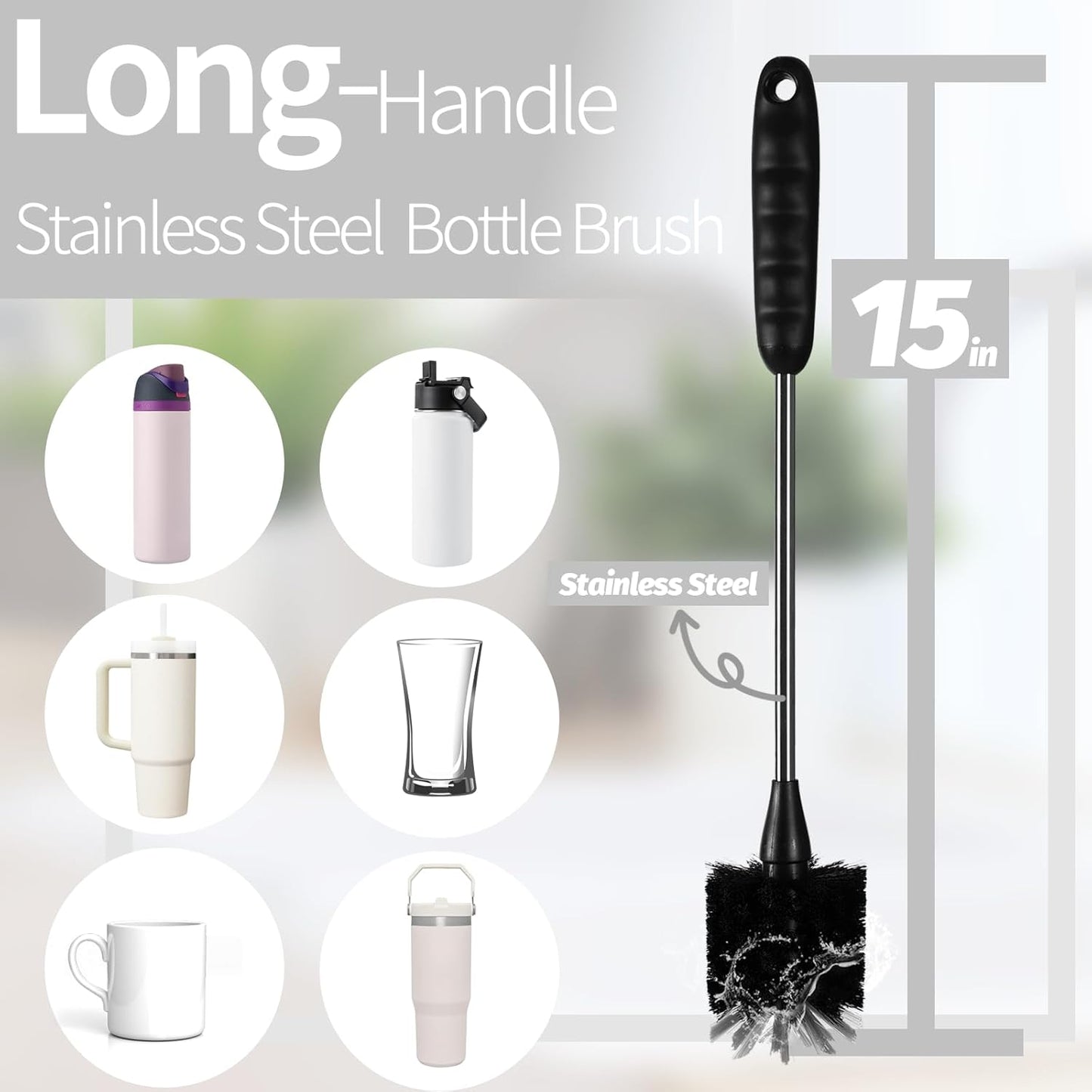 Bottle Brush Set 4 Pack - 15 Inch Long Handle Bottle Brush Cleaner with Stainless Steel Shaft, Straw Cleaner Brush and Lid Brush for Bottles, Thermos, Glasswares, Mugs, Cups, Tumblers