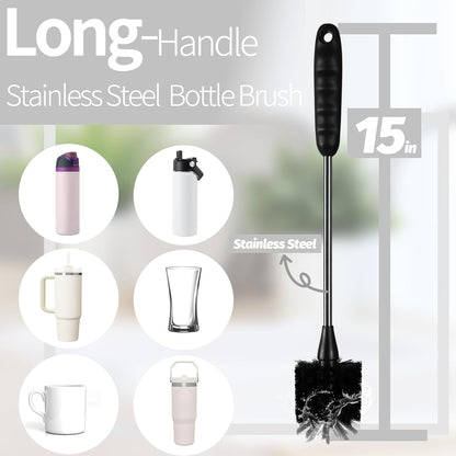 Bottle Brush Set 4 Pack - 15 Inch Long Handle Bottle Brush Cleaner with Stainless Steel Shaft, Straw Cleaner Brush and Lid Brush for Bottles, Thermos, Glasswares, Mugs, Cups, Tumblers